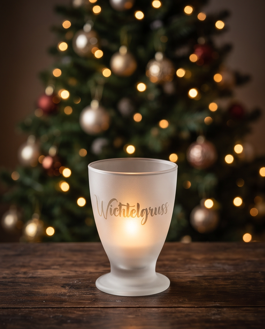 Windlicht Wichtelgruss 11cm handgemacht satiniertes Glas mit LED leuchtend vor geschmücktem Christbaum - Wichtelgeschenk Deko