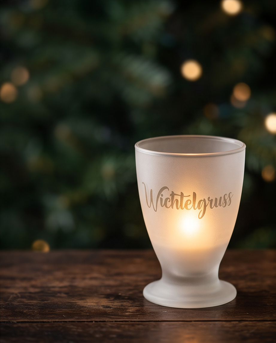 Windlicht Wichtelgruss 11cm satiniertes Glas mit durchsichtiger Schrift leuchtend auf Holztisch vor Weihnachtsbaum