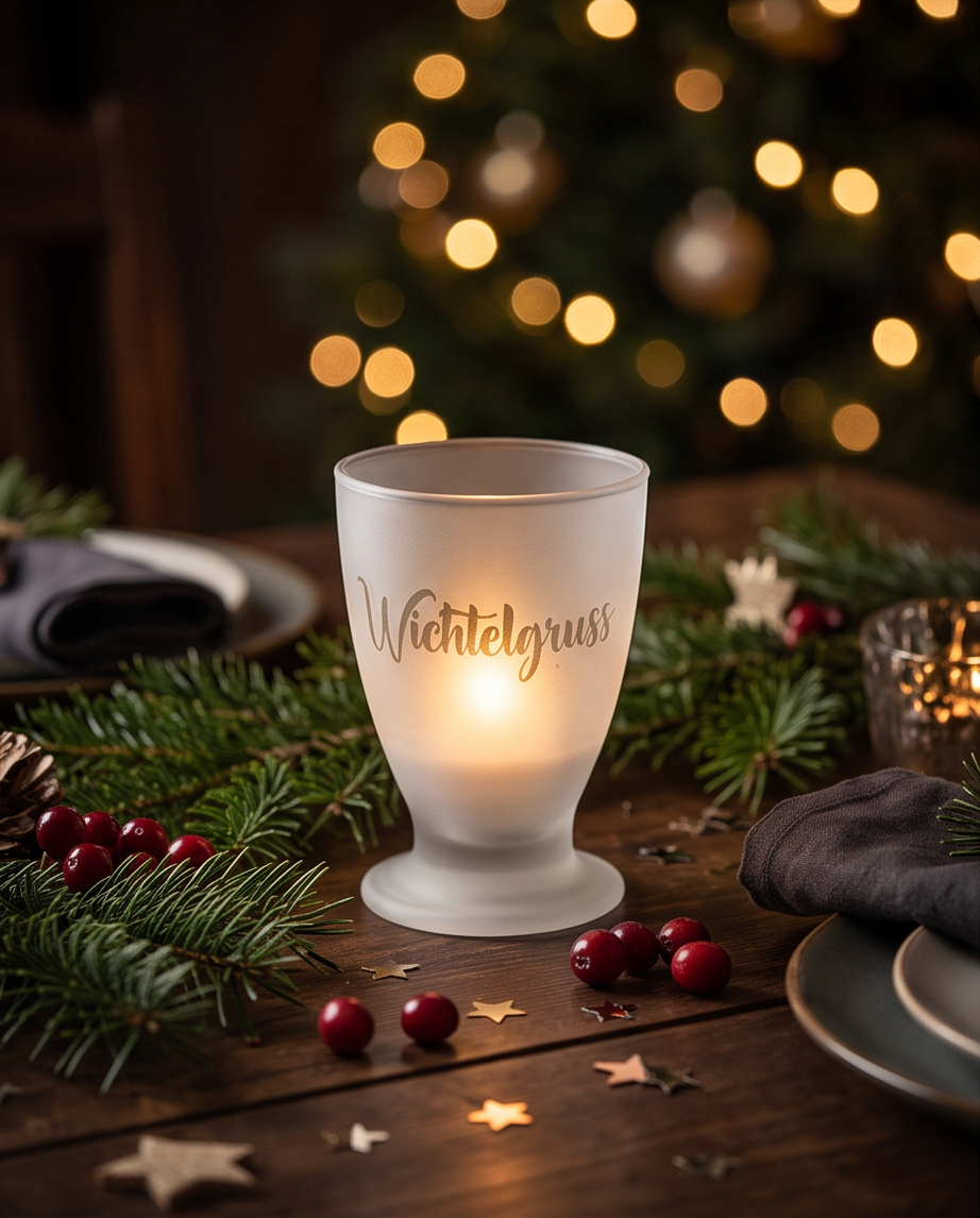 Windlicht Wichtelgruss 11cm aus satiniertem Glas mit LED warmweiss leuchtend auf Weihnachtstisch mit Tannenzweigen und Beeren - Advents Deko